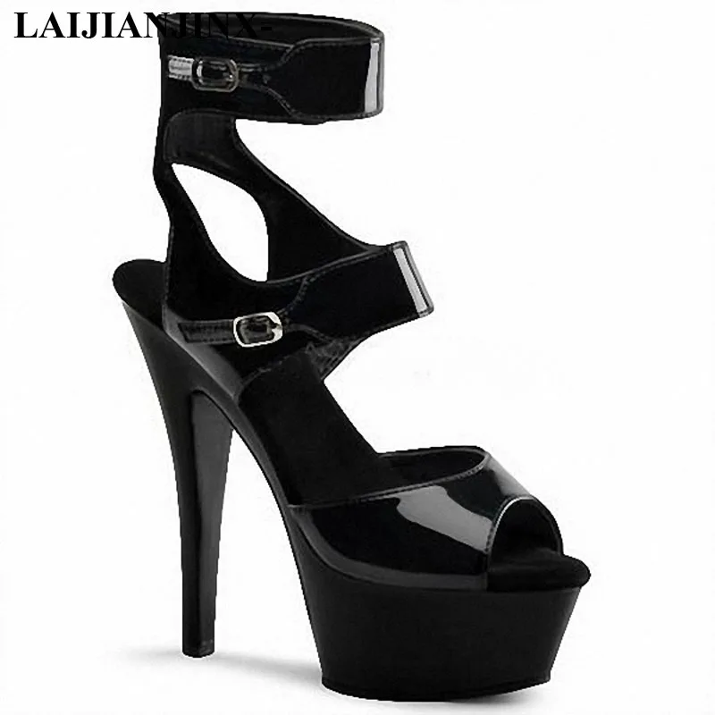 

New style, black shoes with buckle stilettos, 15cm sexy model runway shoes, pole dancing shoes