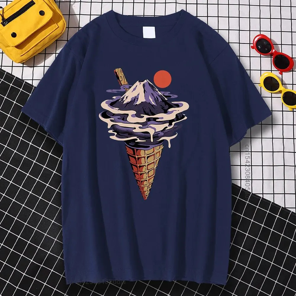 Fuji Ice Cream Print Mens T-Shirt Summer Vintage Tee Summer Breathable T Shirt Vintage Loose Tops Men
