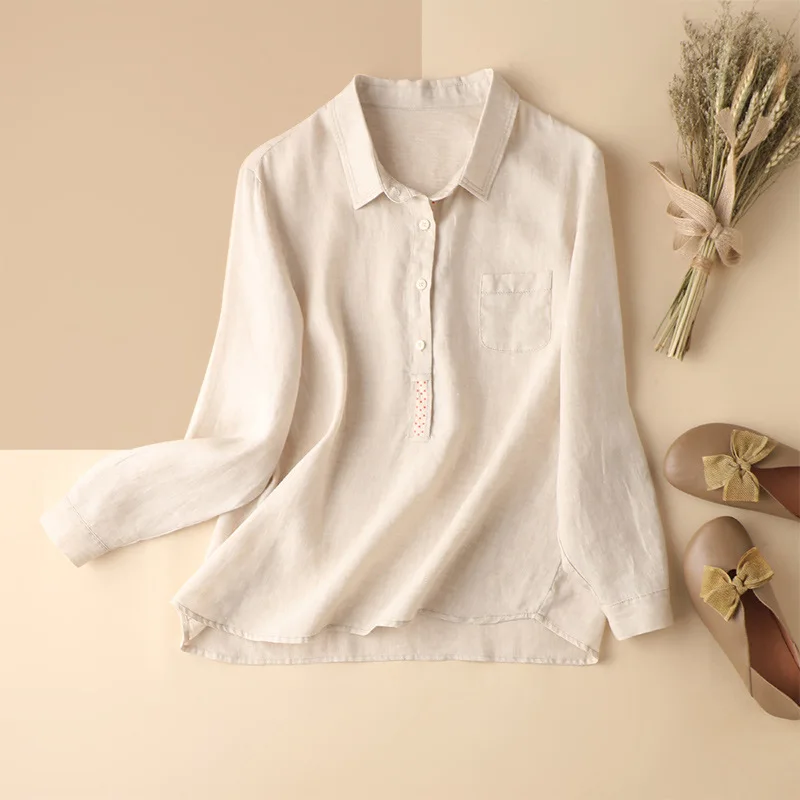

SHUCHAN Linen Woman Tops Turn-down Collar Office Lady Solid Broadcloth Womens Tops LOOSE Long Sleeve Shirt Women