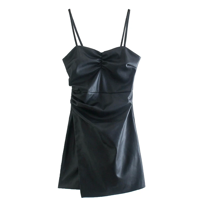 

Black PU leather sling dress women's 2021 lace-up party dress sling mini summer dress female backless sexy short skirt vestidos