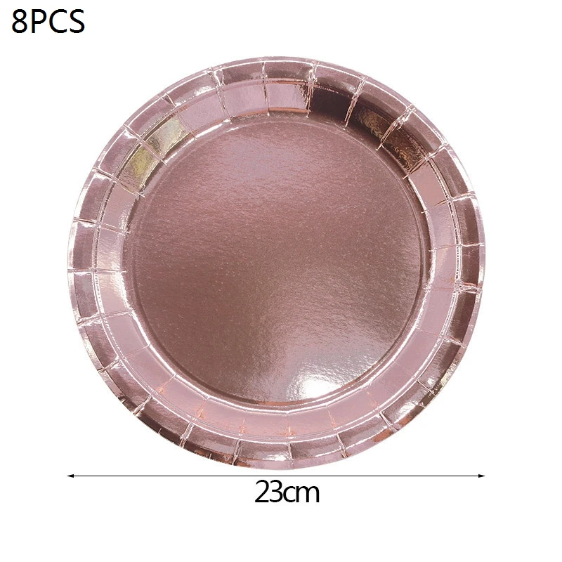 B01-8pcs plates Набор посуды из розового золота, бумажные тарелки и стаканы, полосатые соломинки, салфетки в горошек для свадьбы, дня рождения, украшения - Цвет: B01-8pcs plates