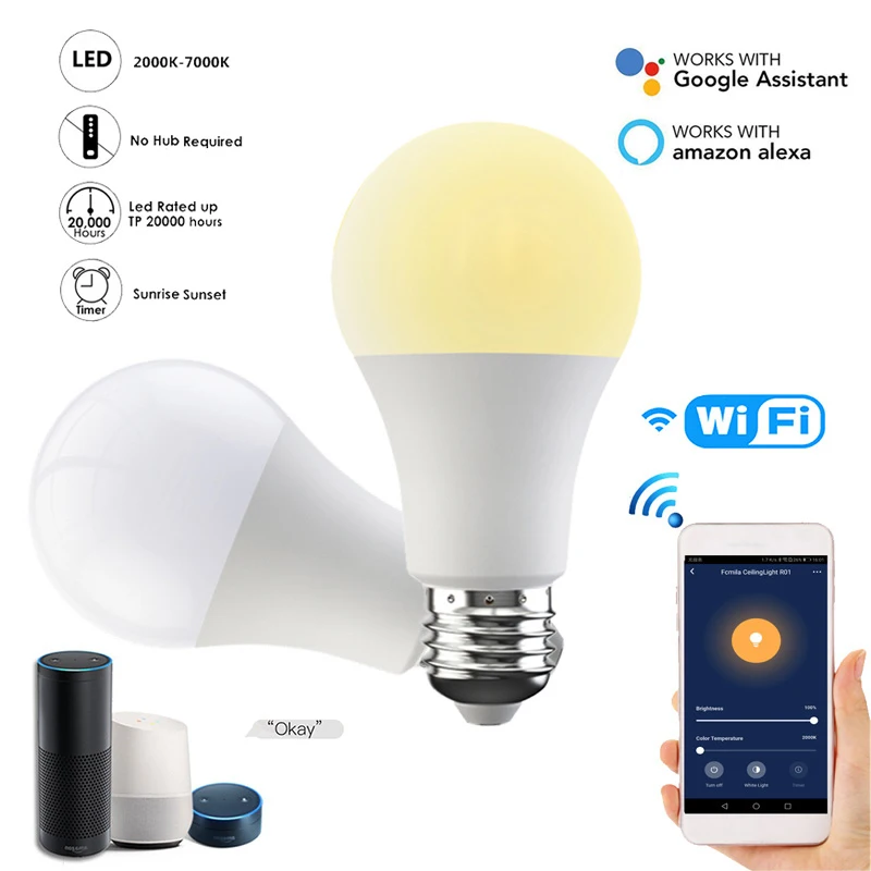 

Умная лампочка E27 B22 с Wi-Fi и регулировкой яркости, 15 Вт, CCT, умная лампочка холодного и теплого света с голосовым управлением, работает с Alexa Google...