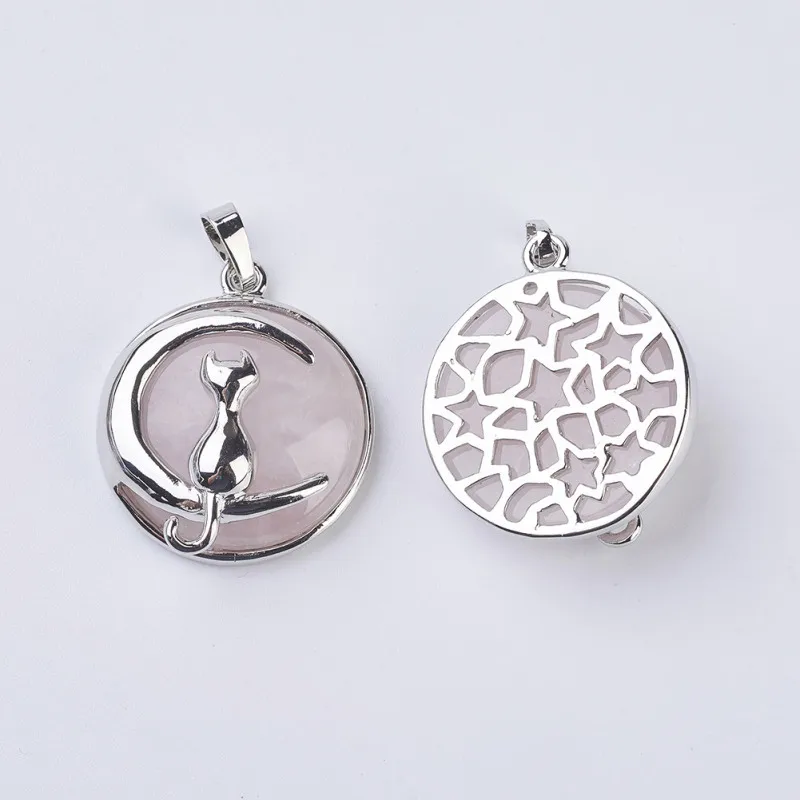 

1 Piece Natural Pendants With Brass Findings Flat Round WIth Cat and Moon Jewelry Pendants for DIY Crafts Making