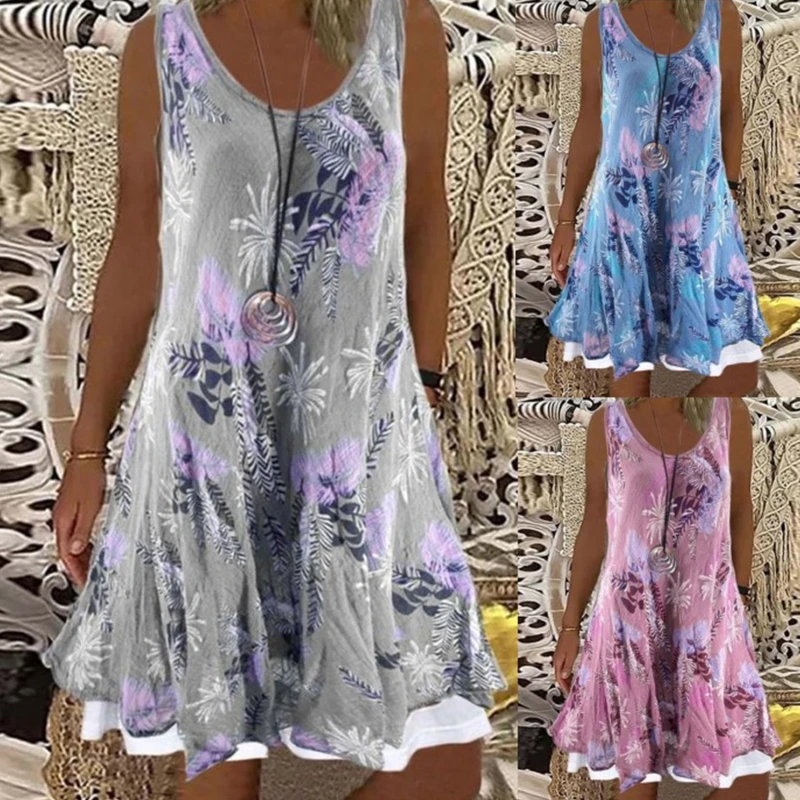 

Summer Women's Mini Skirts Printed Loose O Neck Sleeveless Fake Two Piece Casual Women's Mini Skirts