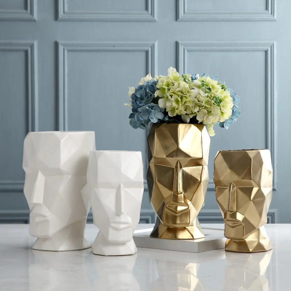 

Nordic Resin Creative Geometric Golden White Face Vase Home Decoration Crafts TV Cabinet Dried Flower Flower Vase Statue