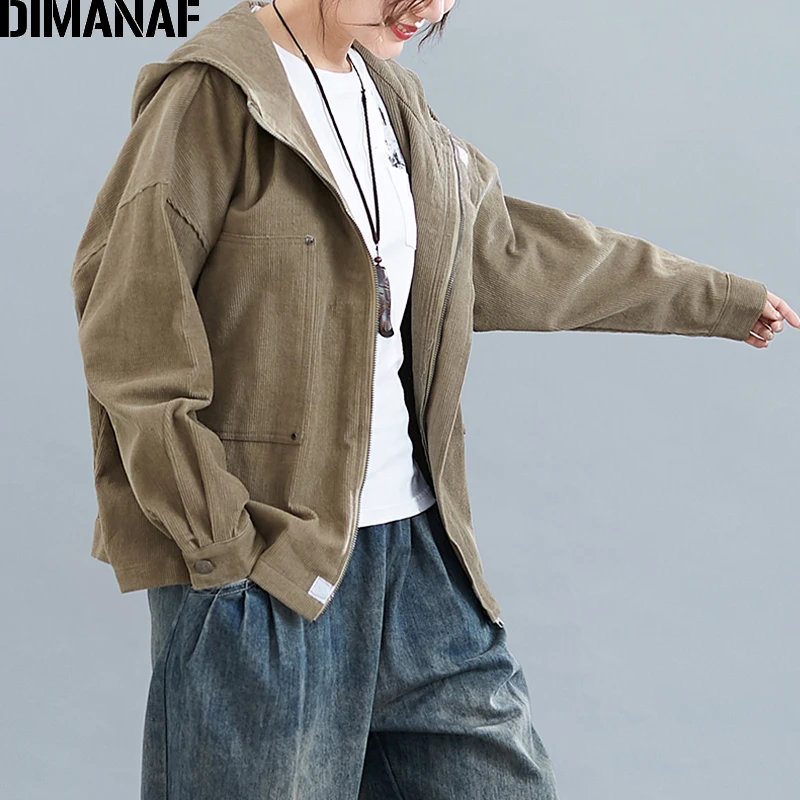 DIMANAF Plus Size Women Jackets Coats Autumn Winter Zipper Vintage Corduroy Thick Female Outerwear Loose Big Size Clothing