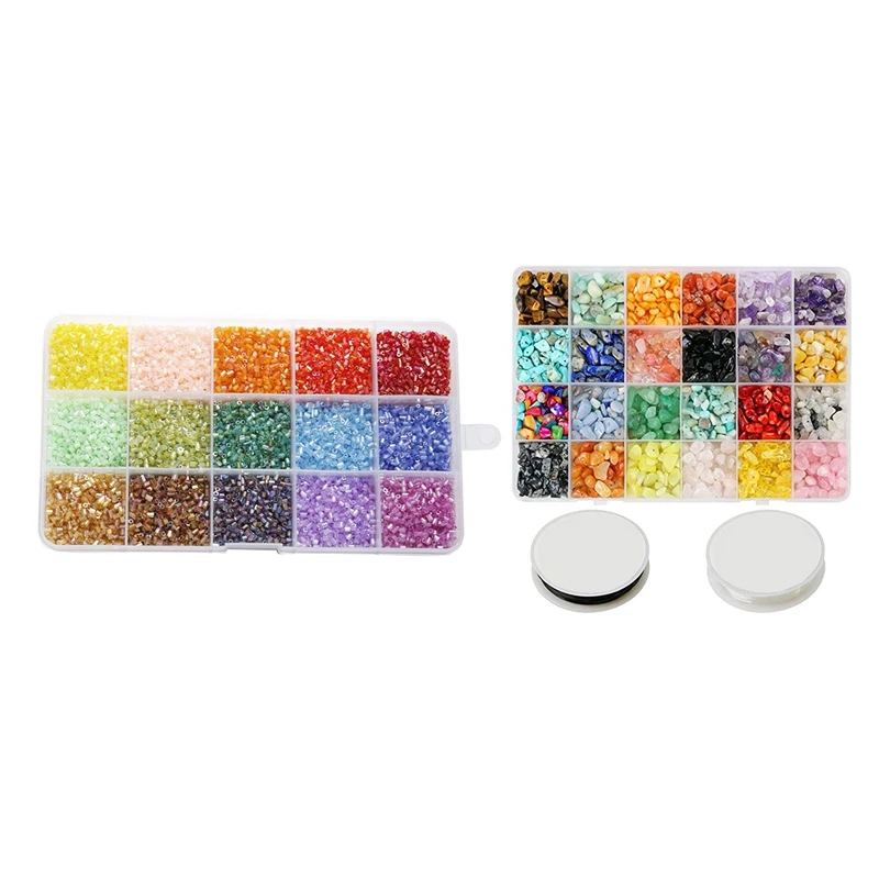 

Colored Tube Beads Crystal Glass Beads & Natural Chip Gem Beads, Gem Bead Set And 2 Rolls Of Jewelry Bead Thread