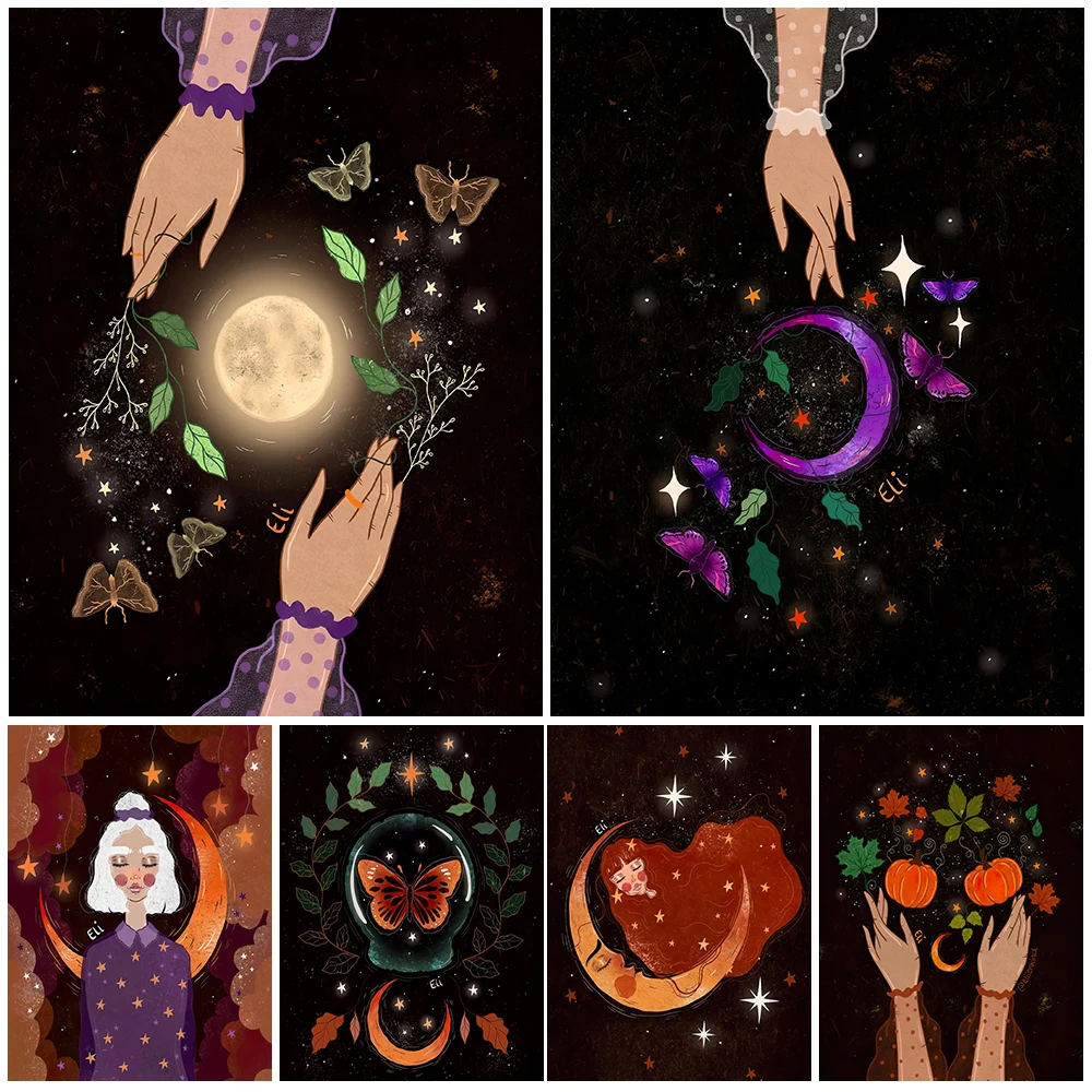 

Green Witch And Star Witchcraft Wall Art Canvas Painting Flowers Butterflies Sun Moon Stars Wicca Poster And Print Decoration
