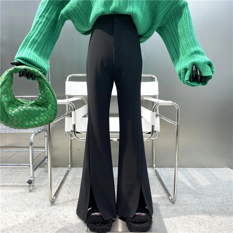 

New Brand Niche Design 2021 High Waist Slit Suit Pants Plush Versatile Vertical Mops Micro Horn Casual Trousers