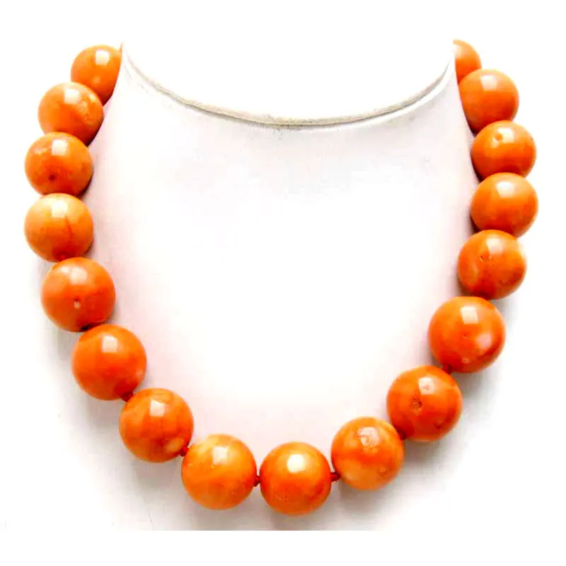 Qingmos Fashion 15-16mm Round Natural Orange Coral Necklace for Woman with Genuine Coral Stone Jewelry 18