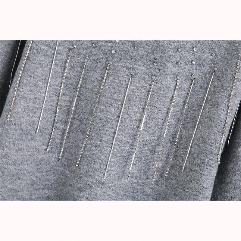 KING ELFIN Fashion Za Sweater Women 2020 Winter Casual Loose Turtleneck Fringe Rhinestone Grey Knitted Female | Женская одежда