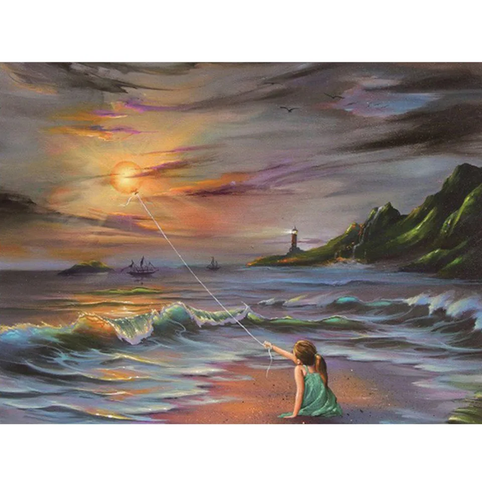 5D алмазная живопись сделай сам маленькая девочка закат на море пейзаж