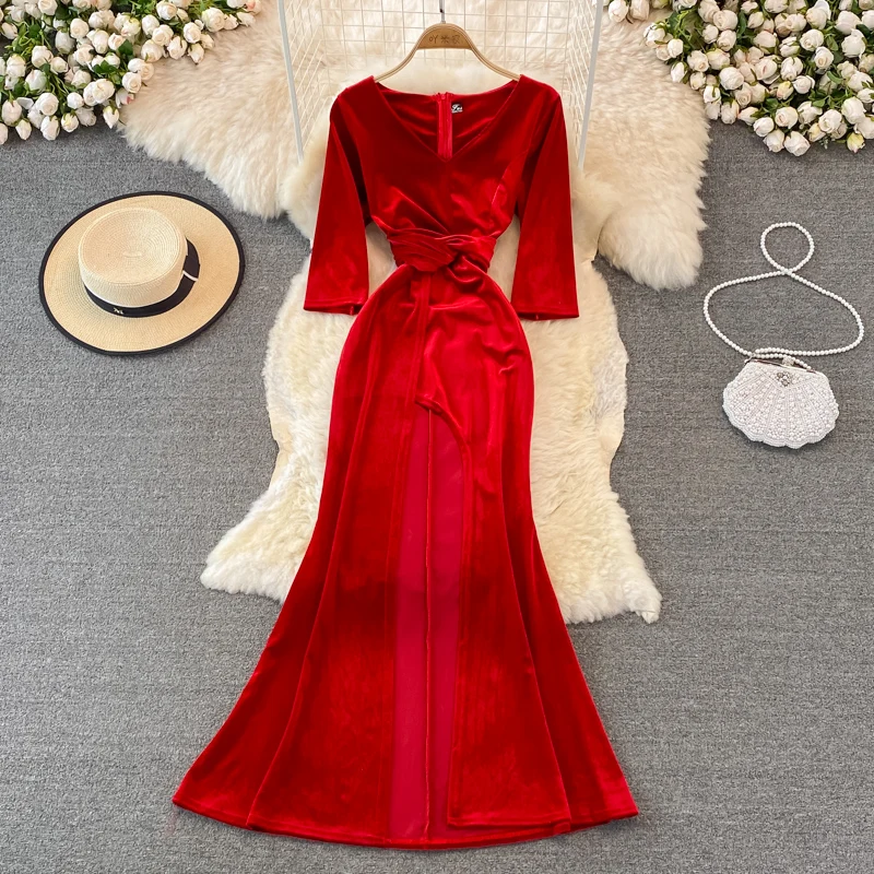 

Spring Autumn Red/Blue/Black Velvet Long Dress Women Sexy V-Neck High Waist Split Party Vestidos Female Elegant Mermaid Robe New