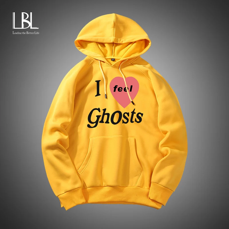 

I feel Ghosts Print Men Harajuku Casual Pullover Hoodies Male Fashion Letter Print Hooded Sweatshirt Man Trend Street wear Tops