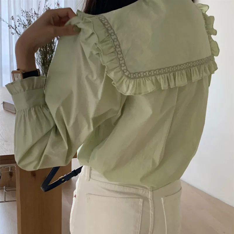 

KUSAHIKI Korea Chic Women Tops Ruffle Patchwork Peter Pan Collar Blusas Shirt Causal Puff Sleeve 2021 Spring New Blouses 6F816