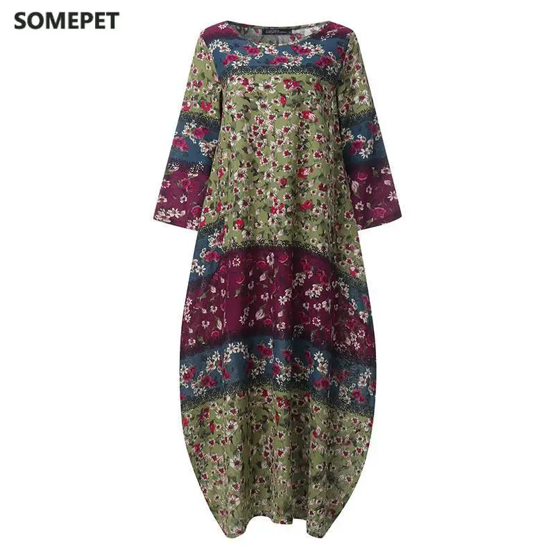 

Boho Printed Maxi Dress Vintage Casual Cotton Linen Dress Women Vestidos Patchwork Robe Plus Size S-5XL Loose Pocket Long Dress