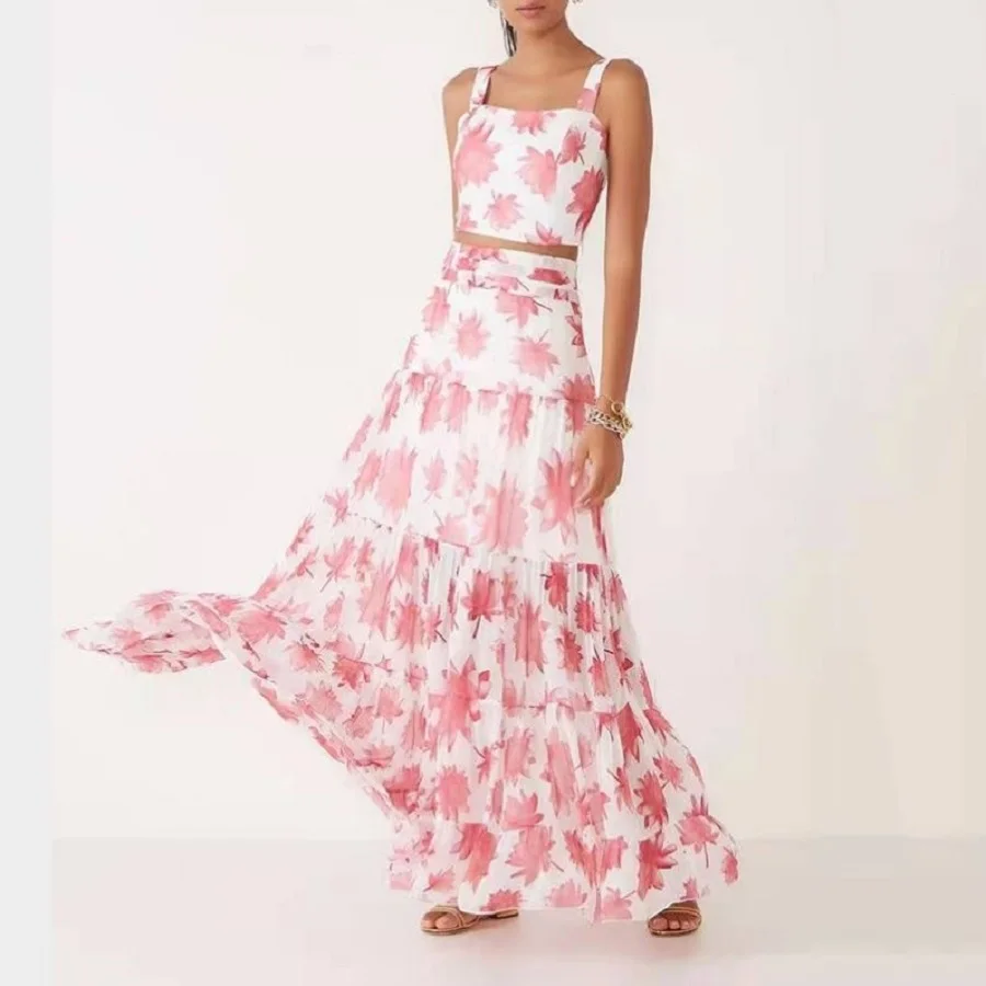 

Летняя одежда из чистого хлопка, женские топы с 3D принтом, жилет с двойными плечами + юбка с высокой талией, комплект из 2 предметов, новинка, ж...