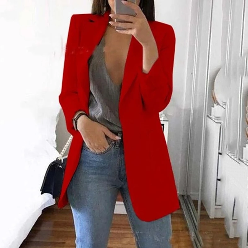 Women's Casual Mid Coat Lapel Slim Cardigan Outdoor Work Suit Jackets Open Front Cloak Female Blusas Chaqueta Mujer | Женская одежда