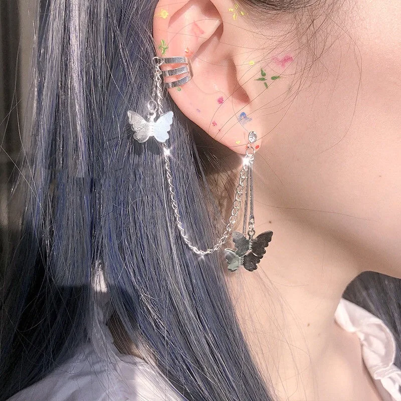 

Korean Fashion Butterfly Clip Earrings Ear Hook Metal Ear Clips Double Pierced Earring Women Girl Long Tassel Chain Punk Jewelry