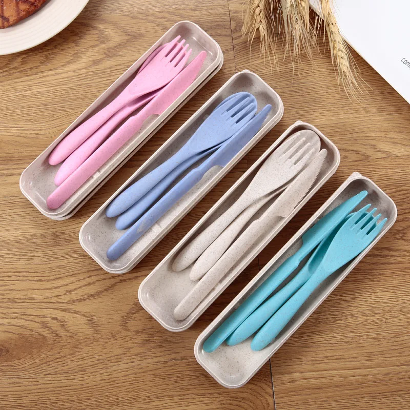 

3pcs/set Travel Cutlery Portable Cutlery Box Japan Style Wheat Straw Knife Fork Spoon Student Dinnerware Sets Kitchen Tableware