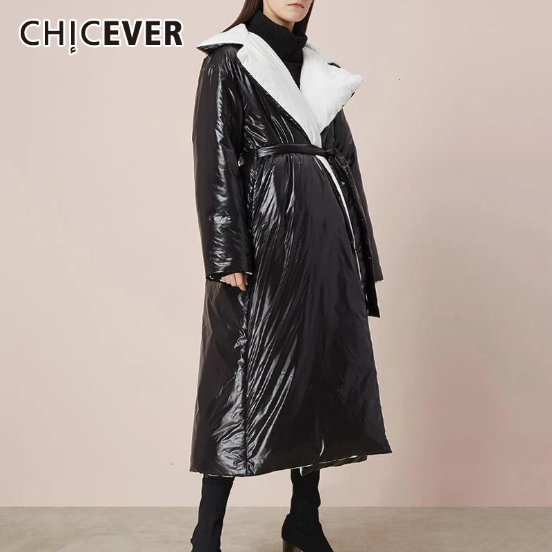 

CHICEVER Cotton Coat For Women Lapel Long Sleeve High Waist Lace Up Hit Color Loose Winter Clothes Female 2020 Fashion Clothing