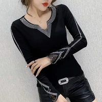 women t shirt long sleeve 2021 new spring and autumn sexy slim lace v neck female t shirt korean style black blue c67