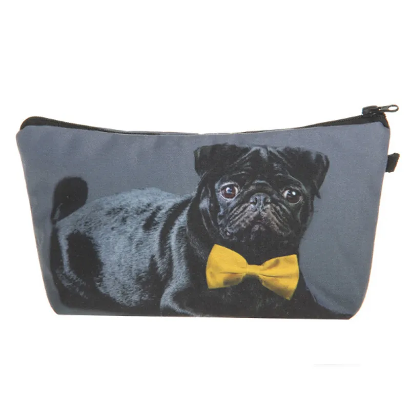 

New Cosmetic Bag 3D Printing Black Pug With Bow Tie Pattern Waterproof Makeup Organizer Phone Storage Case Travel Toiletry Bag