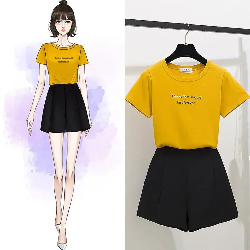 

Summer 2021 New Short Sleeve Top Wide Leg Shorts Two-Piece Set Short-Height Lightly Mature