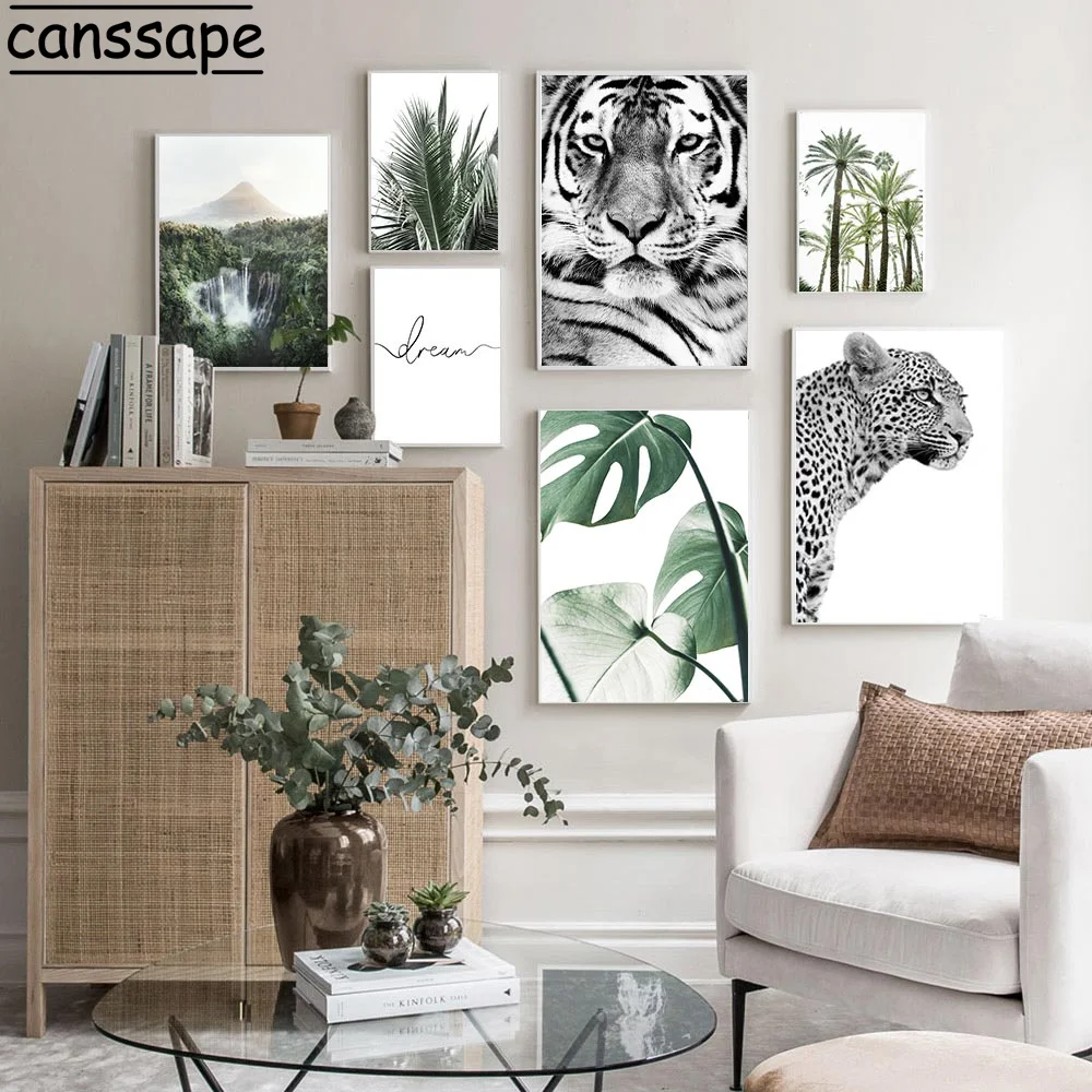 

Landscape Poster Waterfall Print Green Plant Leaf Posters Tiger Leopard Canvas Painting Nordic Wall Pictures Living Room Decor