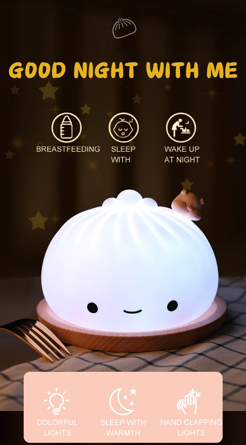 moon night light LED Cute Bun Night Light Dumpling Cartoon Colorful lamp Bedroom Holiday Home Decoration Bedside Soft Lamp Children Toy Gifts dinosaur light