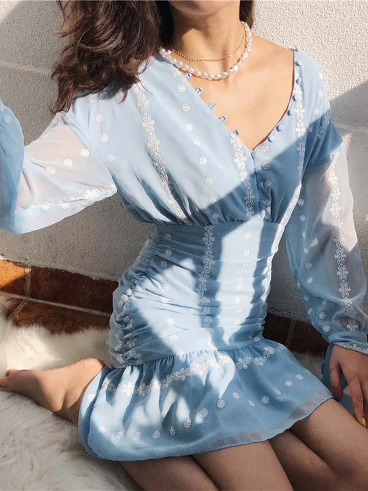 Yinlinhe синее летнее платье с цветочной вышивкой сексуальное прозрачное пляжное