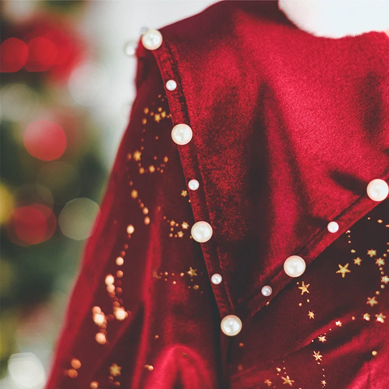 

ChunShang2021 Christmas Limited New Winter Velvet Retro Pearl Evening Festival Happy Women's Party Red Elegant Women's Dress