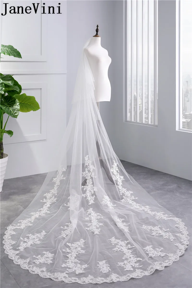JaneVini 2 слоя собора Длинная свадебная фата белая кружевная кромка Аппликация