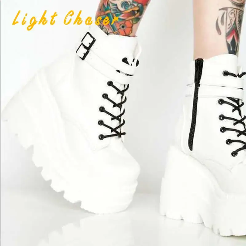 Rimocy White Black Pu Leather Ankle Boots Women Autumn Winter Round Toe Lace Up Shoes Woman Fashion Motorcycle Platform Botas
