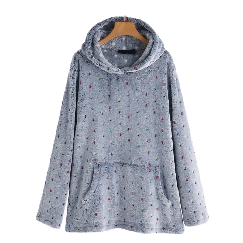 

2020 Women Pullovers Colorful Dots Printing Sweet Long Sleeve Hooded Sweatshirts Pocket Loose Casual Plush Hoodies Plus Size