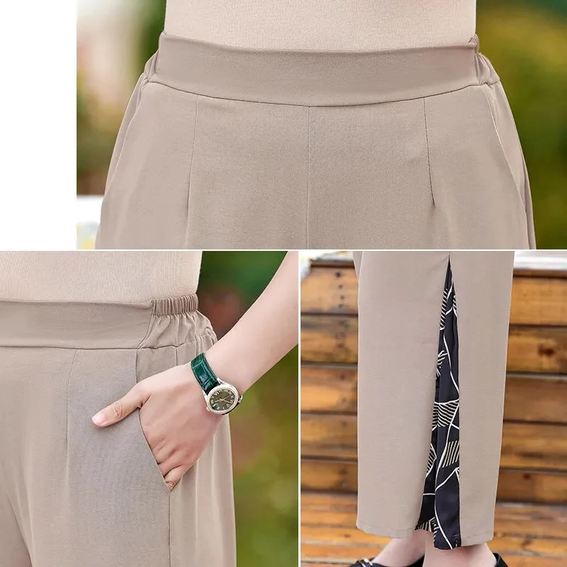 

Mom Summer Classy two piece set women Fashion O-Neck Drawstring short sleeves top+Ankle-Length pant Casual plus size clothes