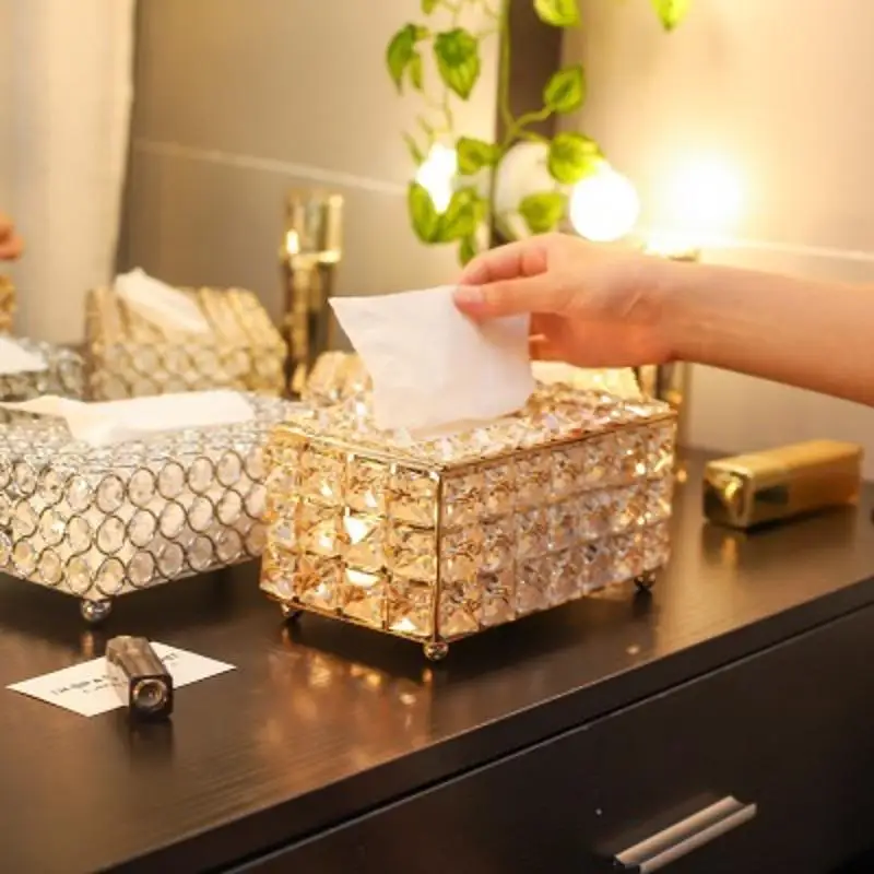 

Pearl Crystal Tissue Case Luxurious Removable Round Square Paper Towel Storage Boxes Home Decor Coffee Desktop Napkin Dispenser