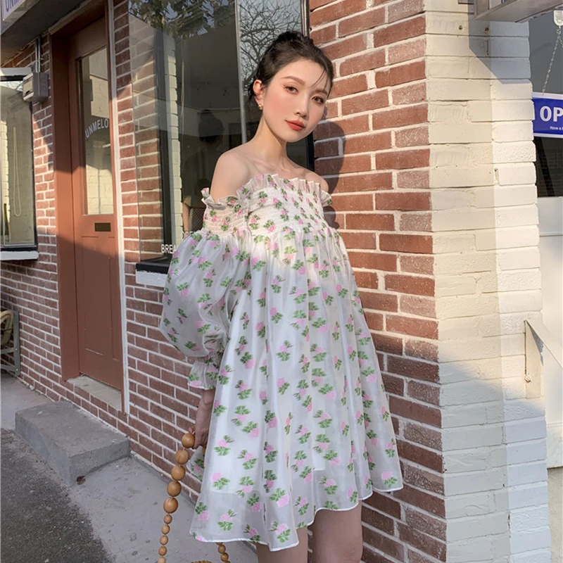 

XIZIHUPAN Elegant Print Dress For Women Slash Neck Puff Long Sleeve High Waist Patchwork Mini Dresses Female Summer Fashion New