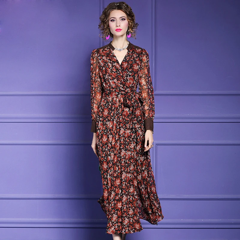 

2021 Spring Elegant Designer Women Floral Print Chiffon Dress Vintage Clothes Long Sleeve Midi Holiday Robe Femme Party Vestidos