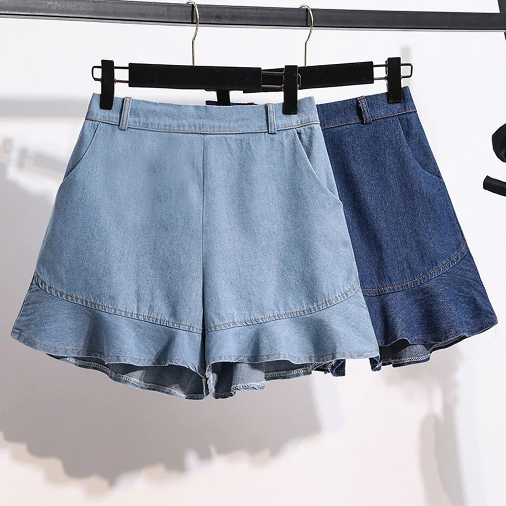 

Summer Women Wide Leg Elastic Jeans Flounced Flared High Waist Denim Shorts