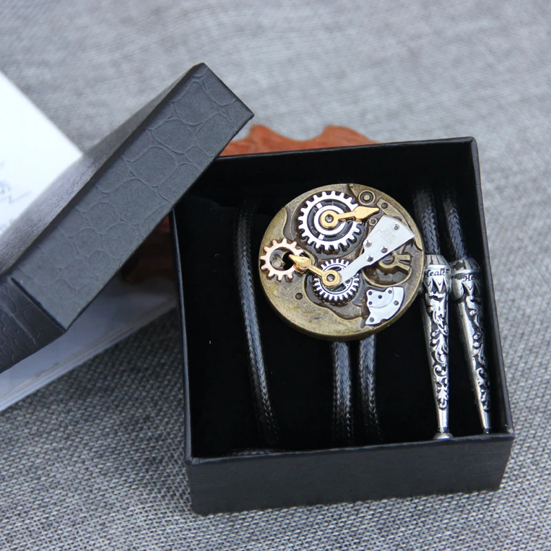 

Vintage Western Cowboy Mens BOLO Tie Slide Clip Industrial Wind Steam Punk Gear Polyester Rope