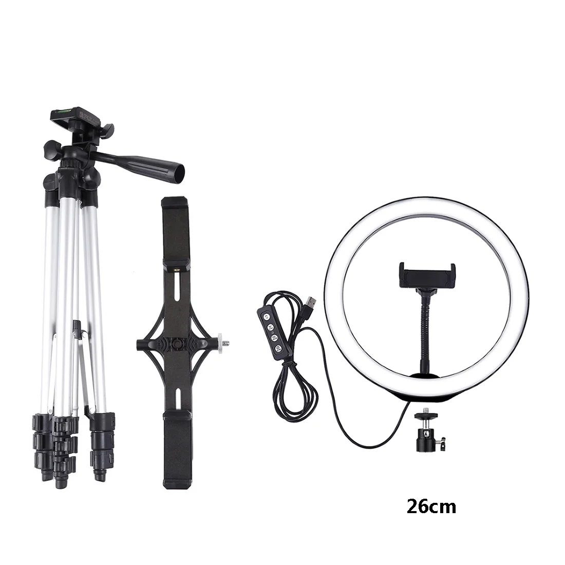 With 26cm LED Flash Новое поступление, мини-штатив с 16 см, светодиодный, Кольцевая вспышка, двойное крепление, держатели для мобильных телефонов, потоковое видео в реальном времени, Vlog Bloggers - Цвет: With 26cm LED Flash