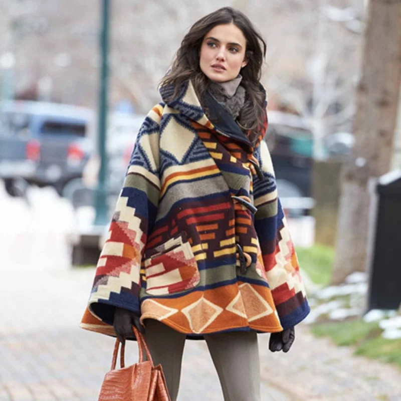 

Женская Повседневная куртка с капюшоном, свободная шерстяная куртка оверсайз с винтажным этническим принтом и длинным рукавом, Осень-зима ...