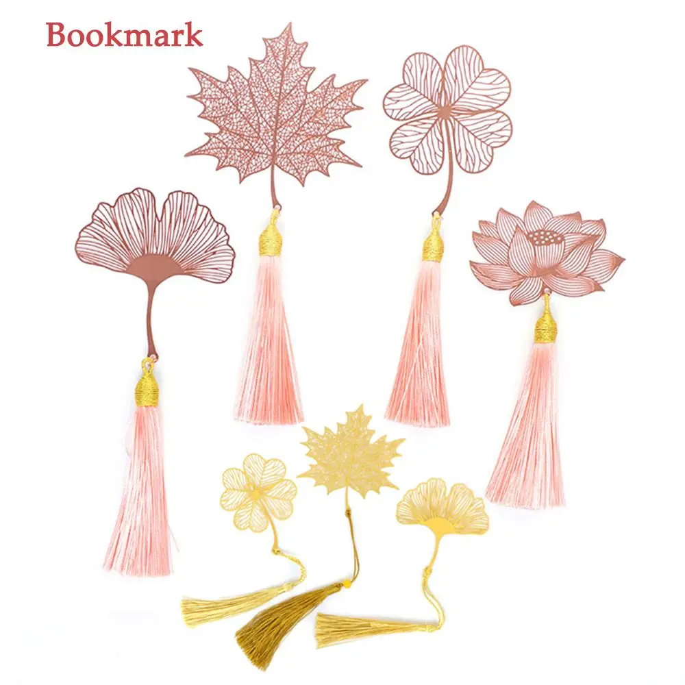 

Metal Bookmark Chinese Style Vintage Pendant Creative Maple Leaf Vein Hollow Out Apricot Lotus Flower Fringed Stationery Gifts