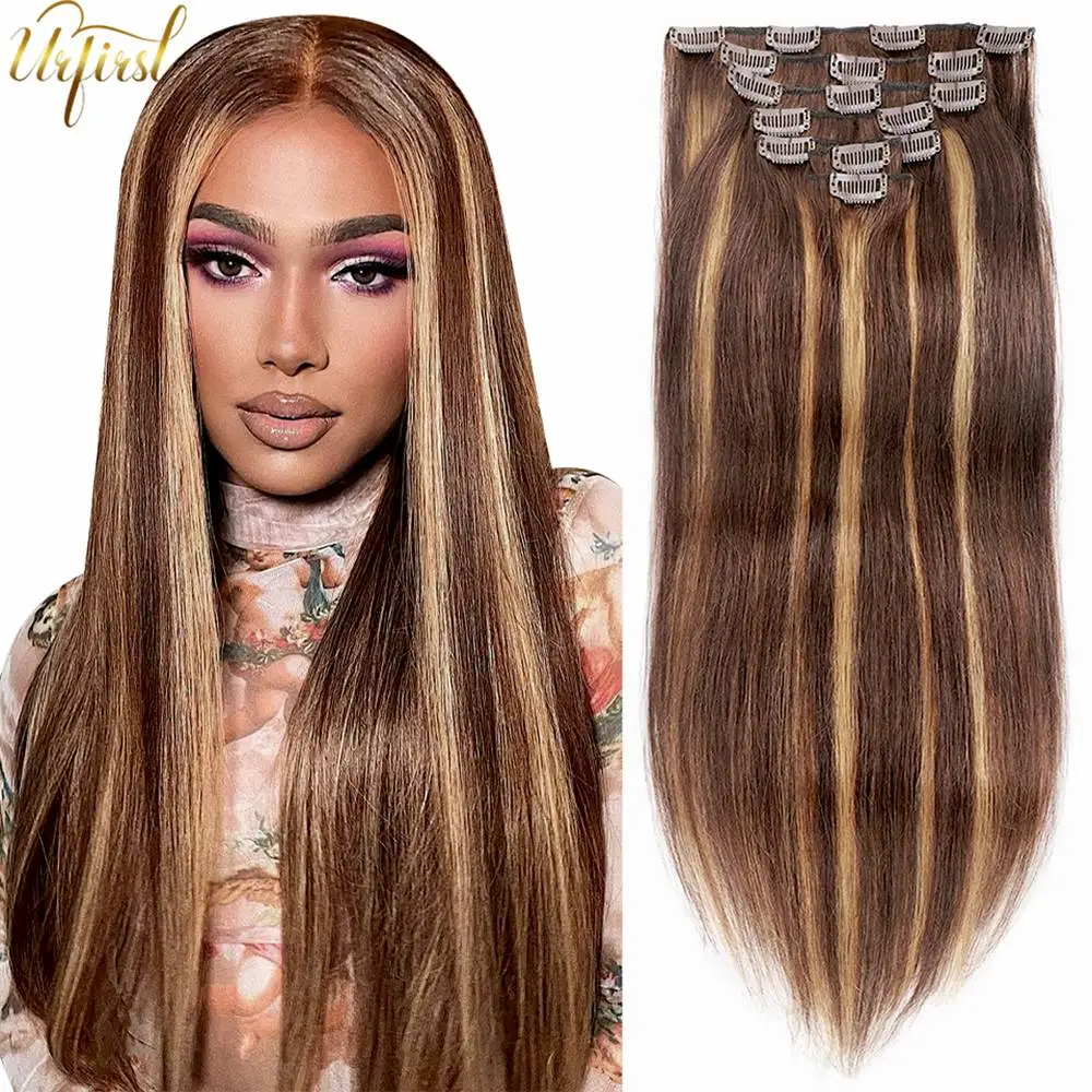 URFIRST Highlight Clip in Hair Extensions Human Hair P4 27 Ombre Straight Hair Clips for Women Natural Hair
