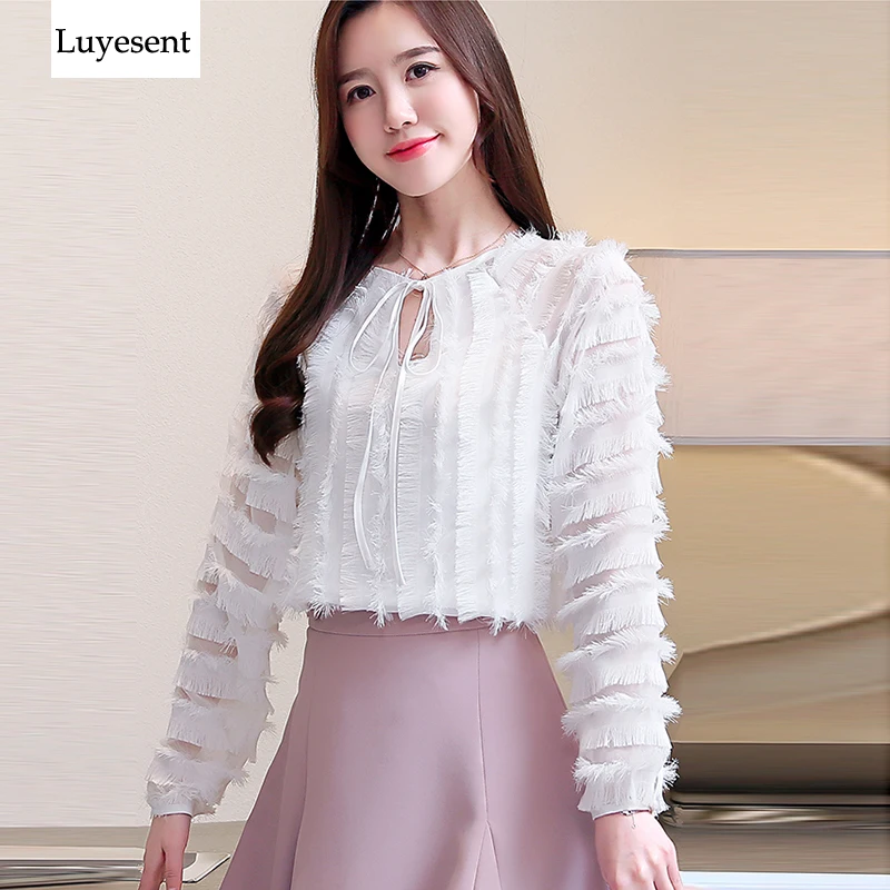 Однотонные белые кисточкой Для женщин Шифоновая блузка полые кружева с длинным