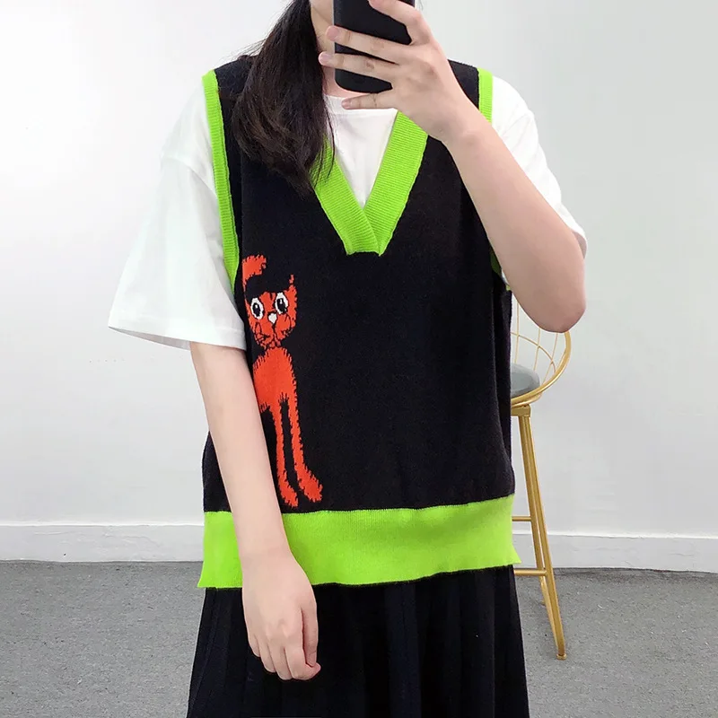 

Женский жаккардовый свитер с принтом кошек, свободный трикотажный пуловер без рукавов, черный жилет