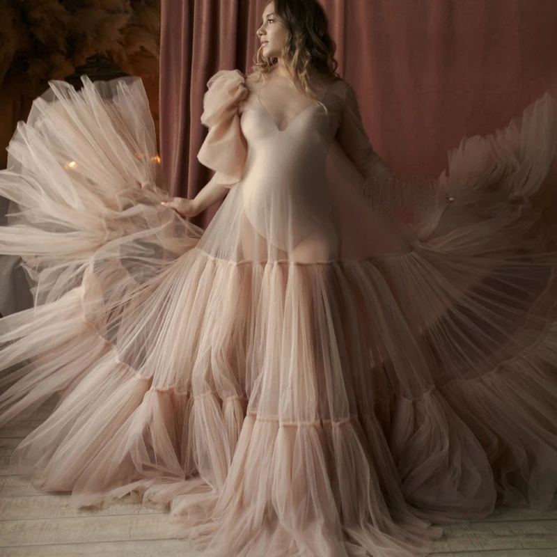 فستان زفاف من التول الوردي الفاتح للنساء ، فستان حمل ، للتصوير ، فستان حفلات ، مصنوع حسب المقاس