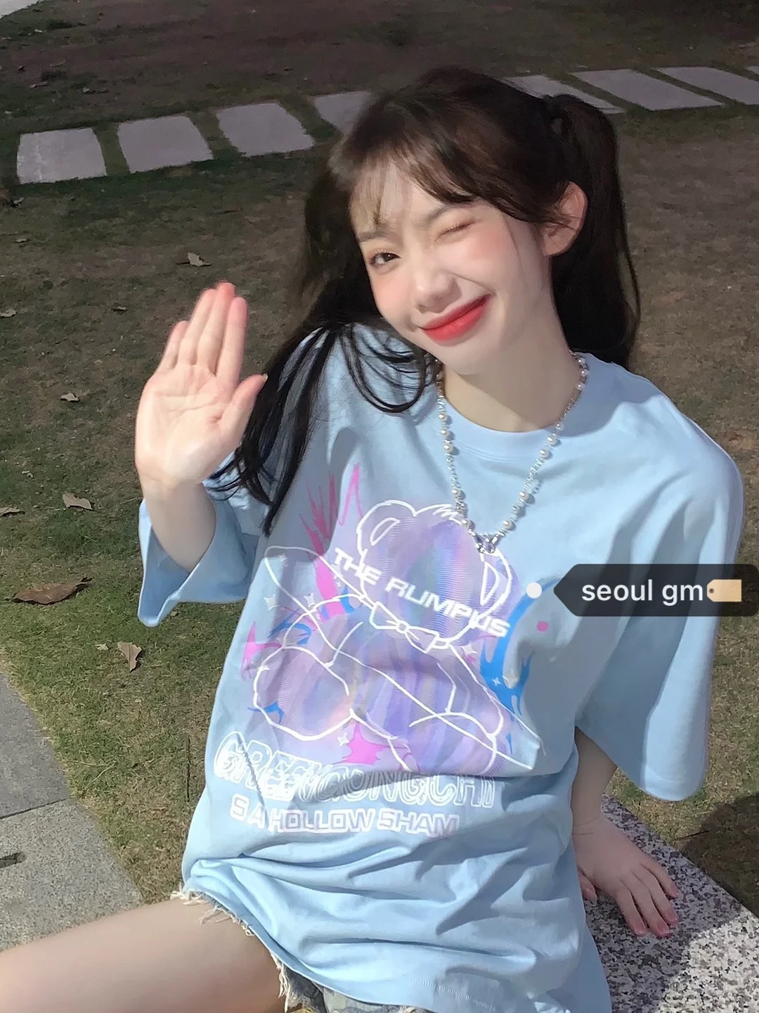 Школьница футболка Flush It для меня корейский колледж белого и синего цвета с