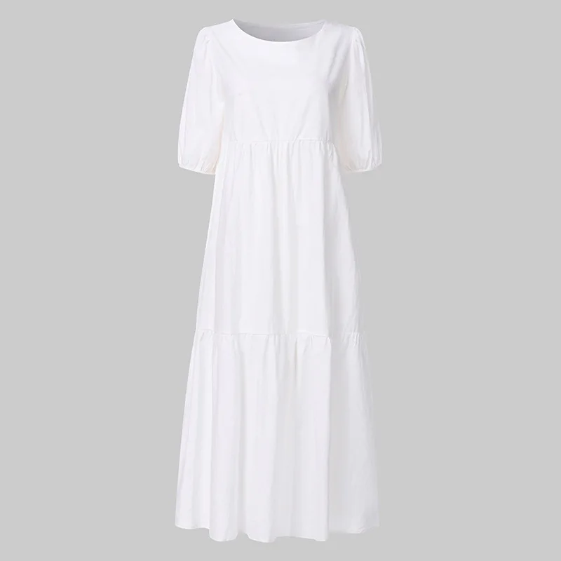 

2021 Linen Solid Casual Dress VintageWomen Summer Dress Sundress Lantern Sleeve Mid-calf Bohemian Vestido Plus Size Mujer Beach